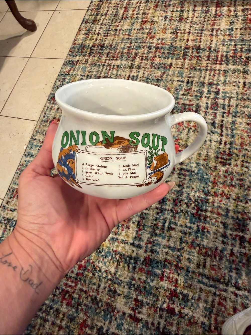 Vintage Onion Soup Ceramic Soup Mug - White with Green and Brown Graphics